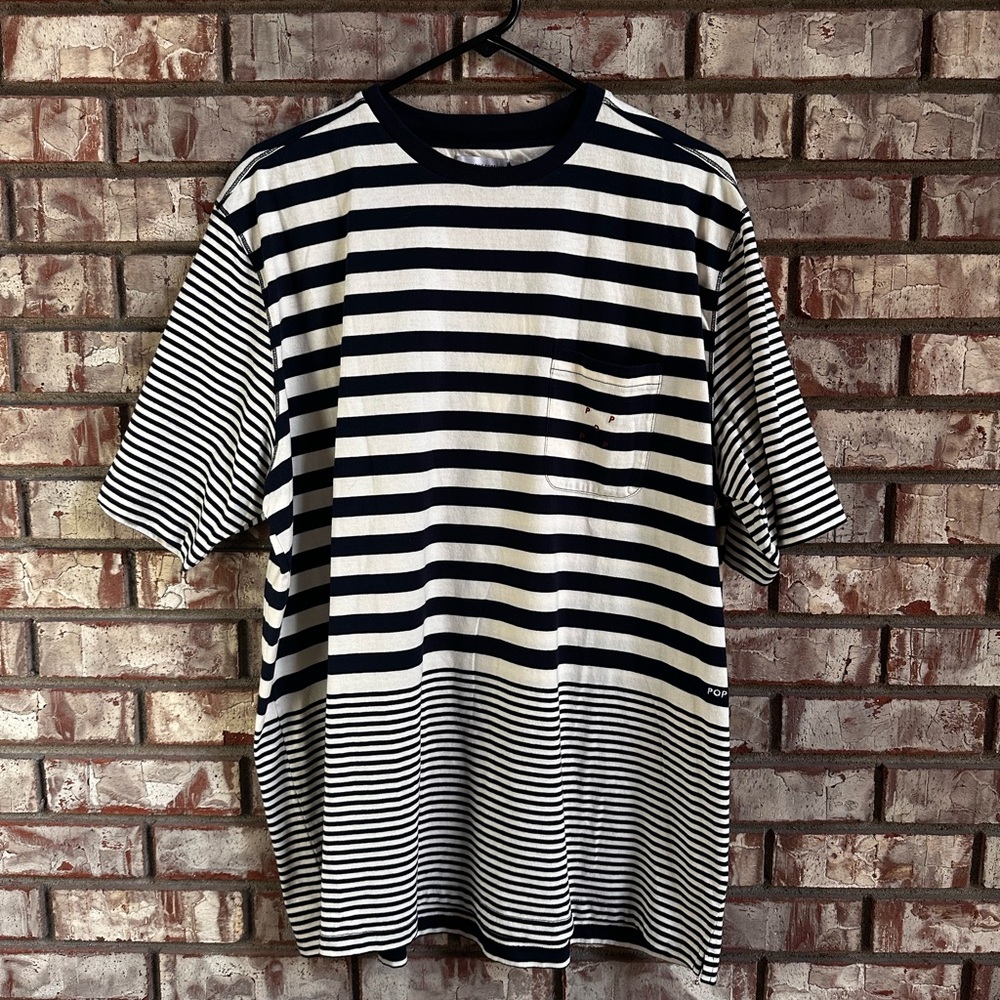 Pop Trading Company Multi Striped Dark Navy and White T-Shirt Size XL